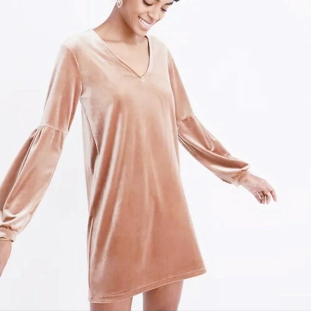 Madewell Velour Balloon Sleeve V Neck Shift Dress